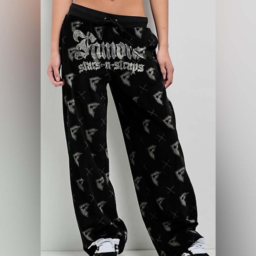 Velour sweatpants stars and straps rhinestone pants black track suit 2000s Y2K